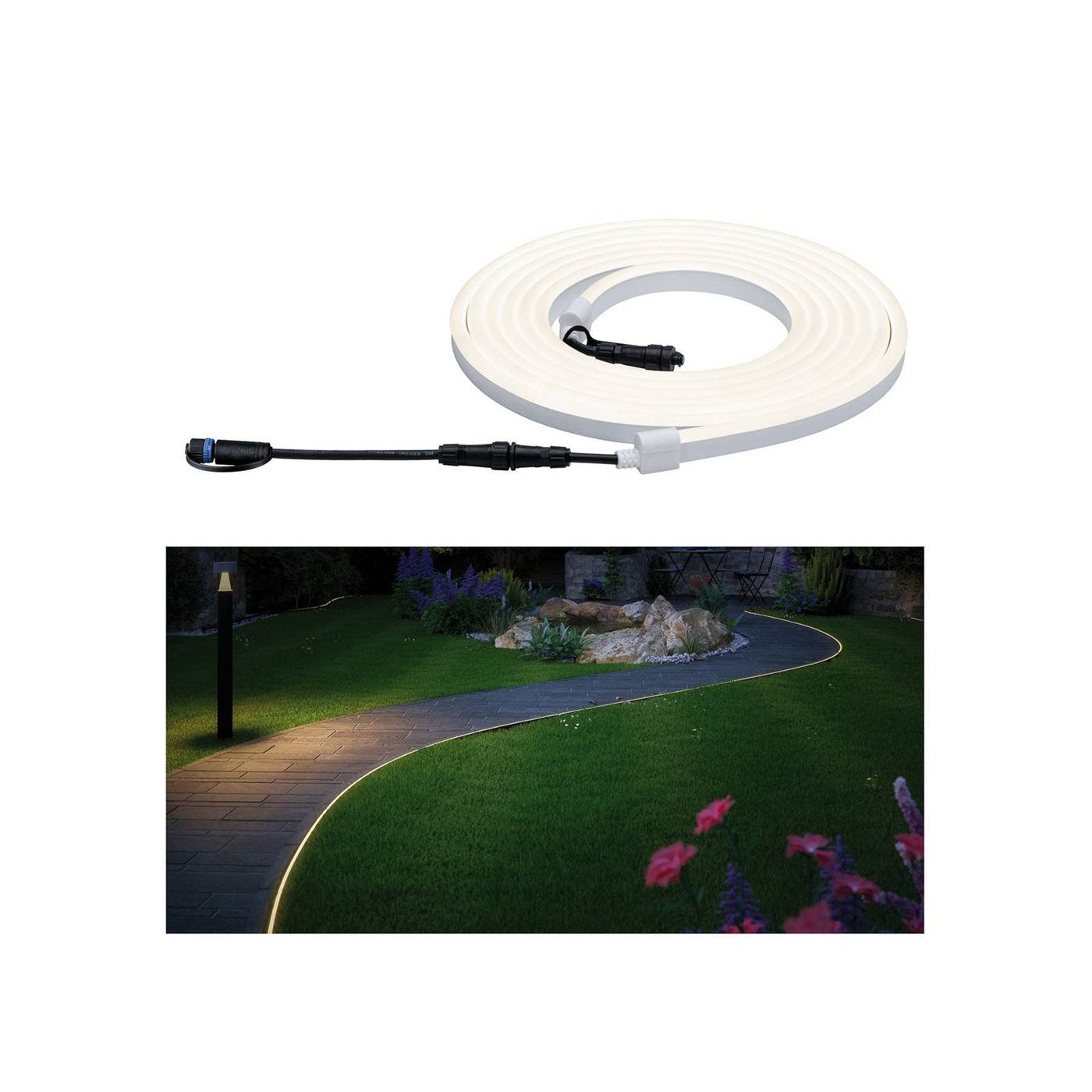Weißer Plug-and-Shine Neon-LED-Stripe mit Gartenweg im Hintergrund