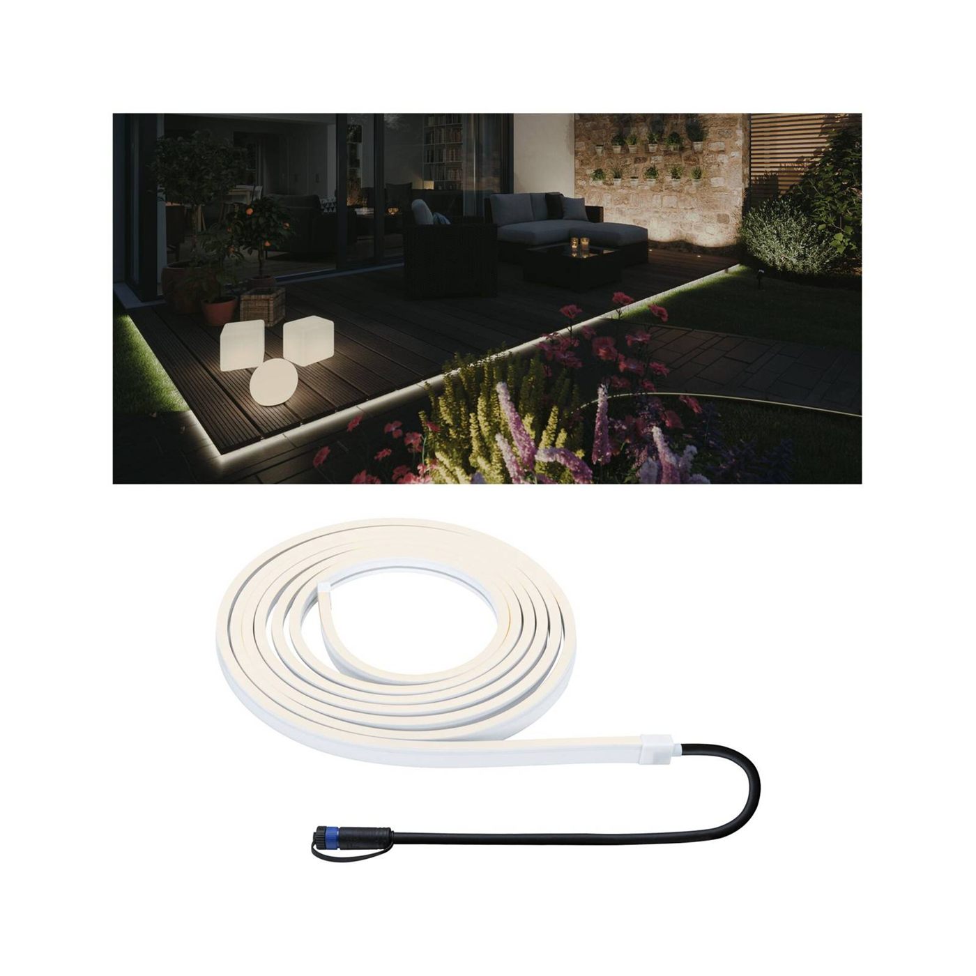 Weißer Plug-and-Shine Smooth LED-Stripe mit beleuchteter Terrasse