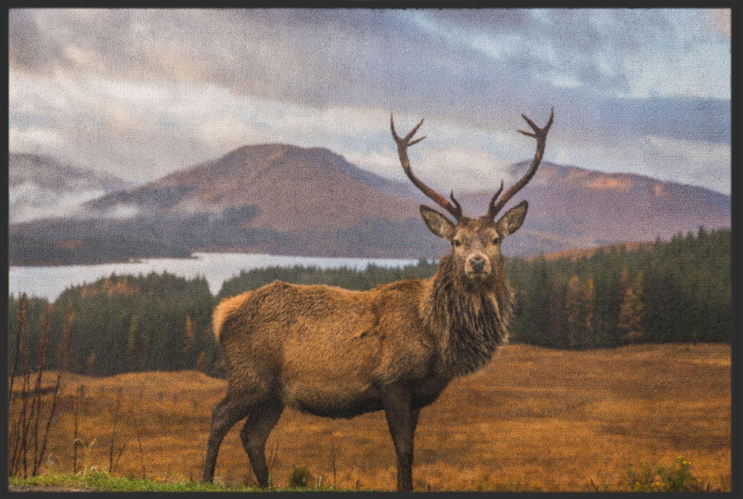 Fußmatte mit fotorealistischem Hirsch vor Bergkulisse