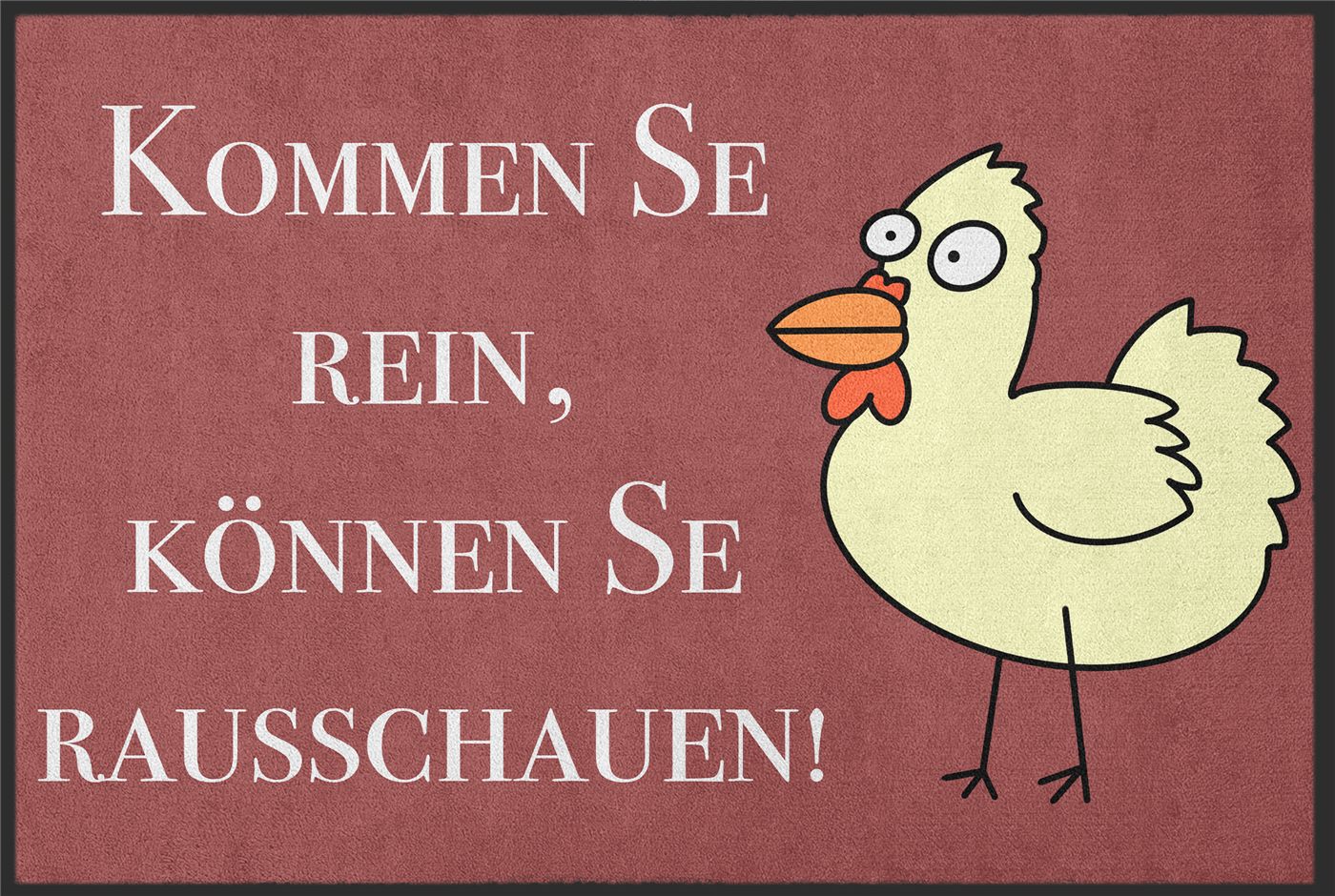 Rote Fußmatte mit illustriertem Huhn und Aufschrift